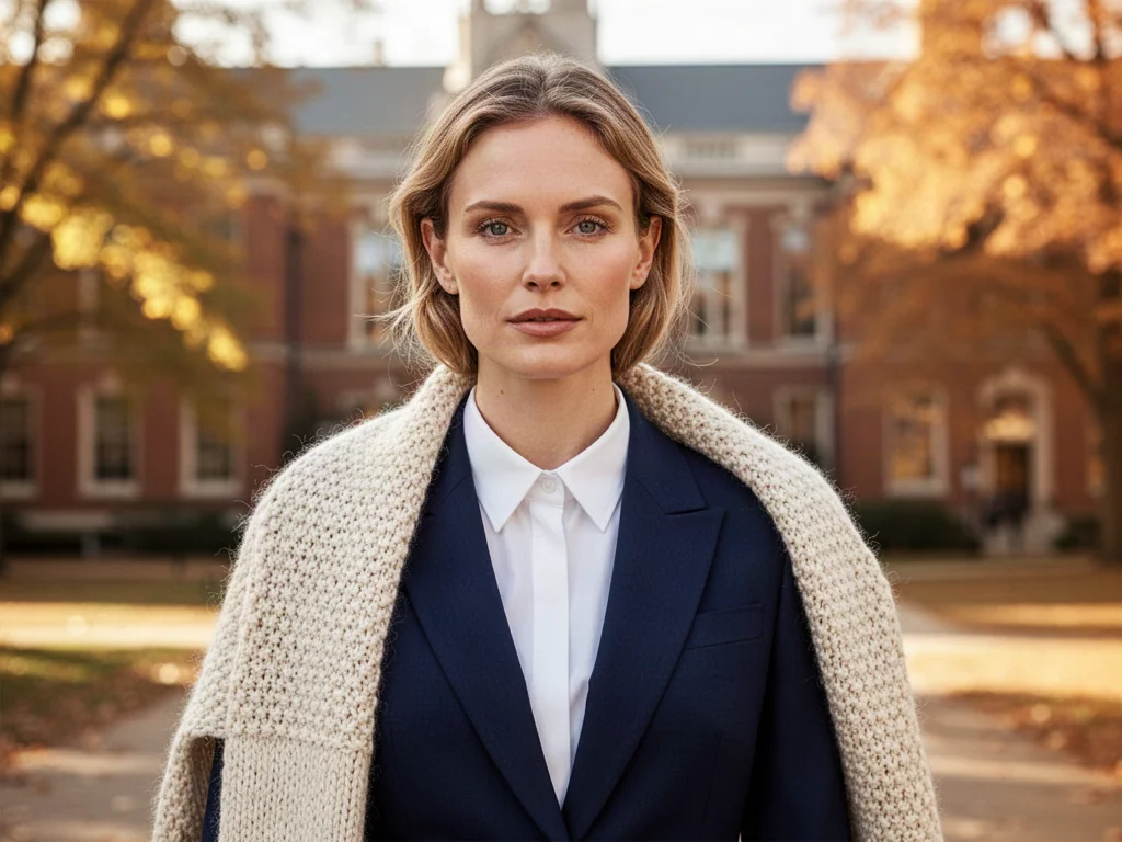 Kobieta w granatowej marynarce i białej koszuli na tle uniwersyteckiego kampusu, prezentująca elegancki styl preppy.