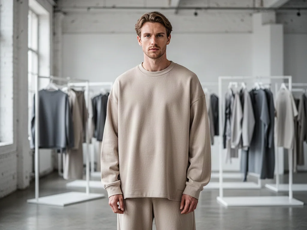 Osoba w minimalistycznym, oversizowym stroju w neutralnych kolorach, prezentująca nowoczesną modę unisex w stylu streetwear.