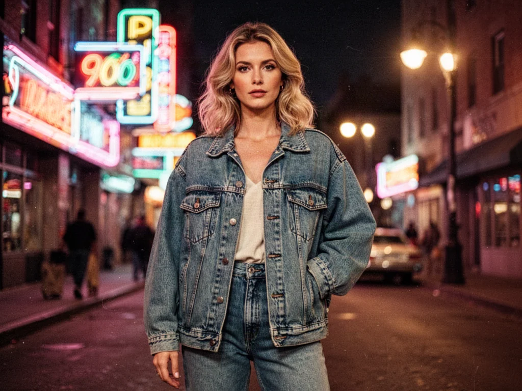 Kobieta w stylu lat 90. ubrana w jeansową kurtkę oversize i spodnie typu mom jeans na tle neonowego, miejskiego krajobrazu.
