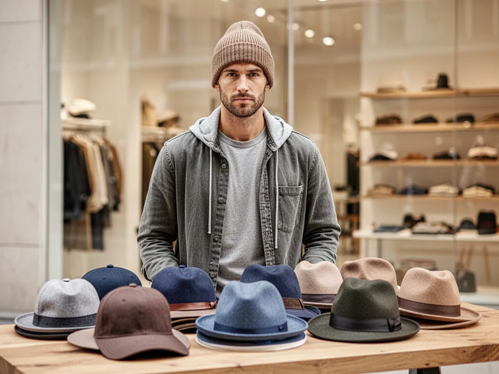 Mężczyzna w modnej czapce typu beanie na tle ekspozycji różnych nakryć głowy, takich jak czapki z daszkiem i fedory.